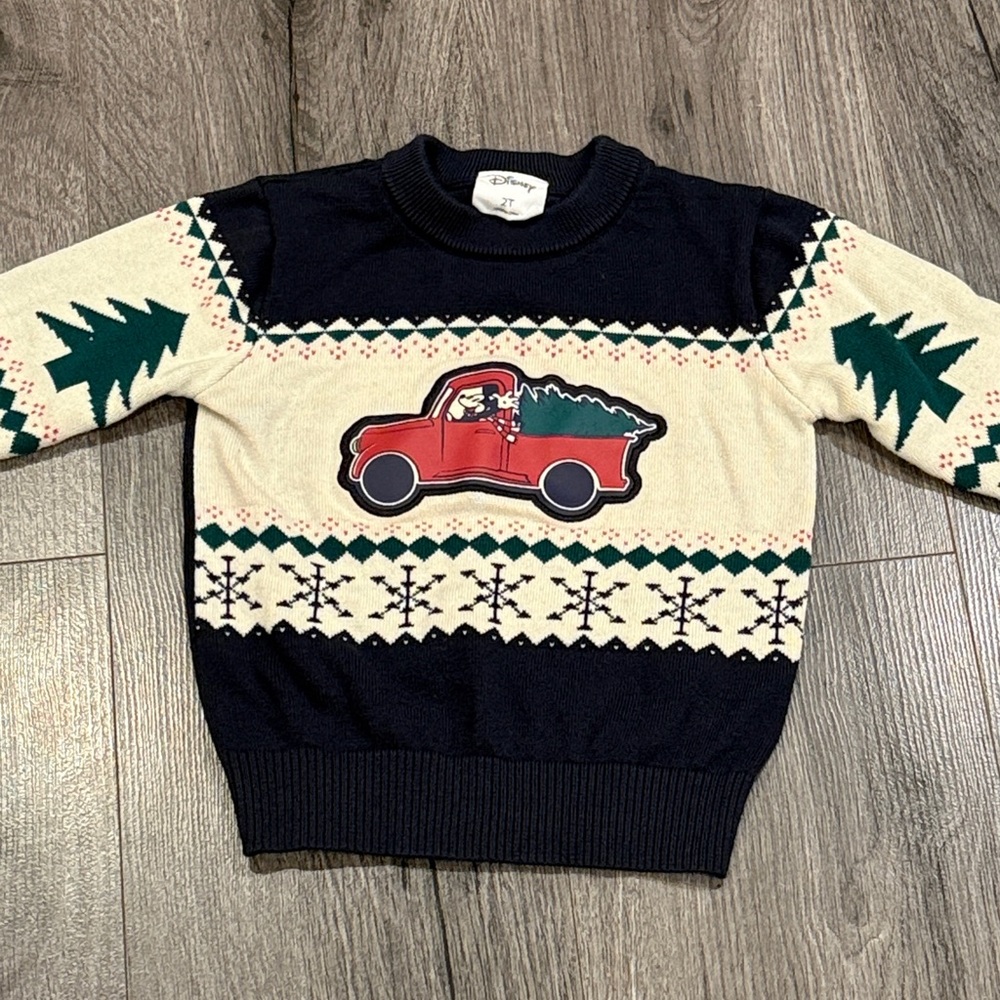 Disney Festive Christmas Mickey Mouse Sweater with Red Truck & Green Trees
